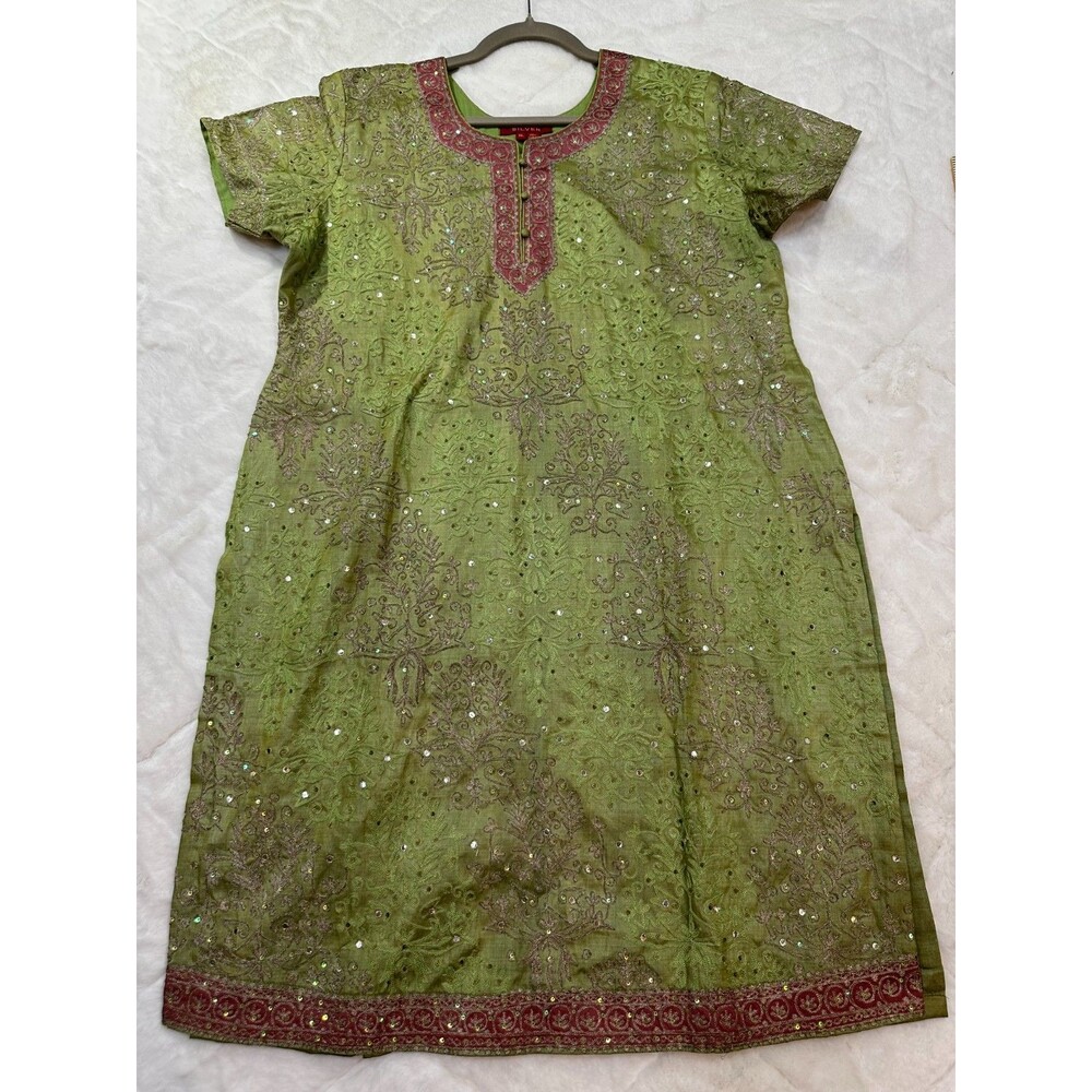 Vintage Y2K Silver Green Embroidered Sequin Kurta Tunic Dress XL South Asian